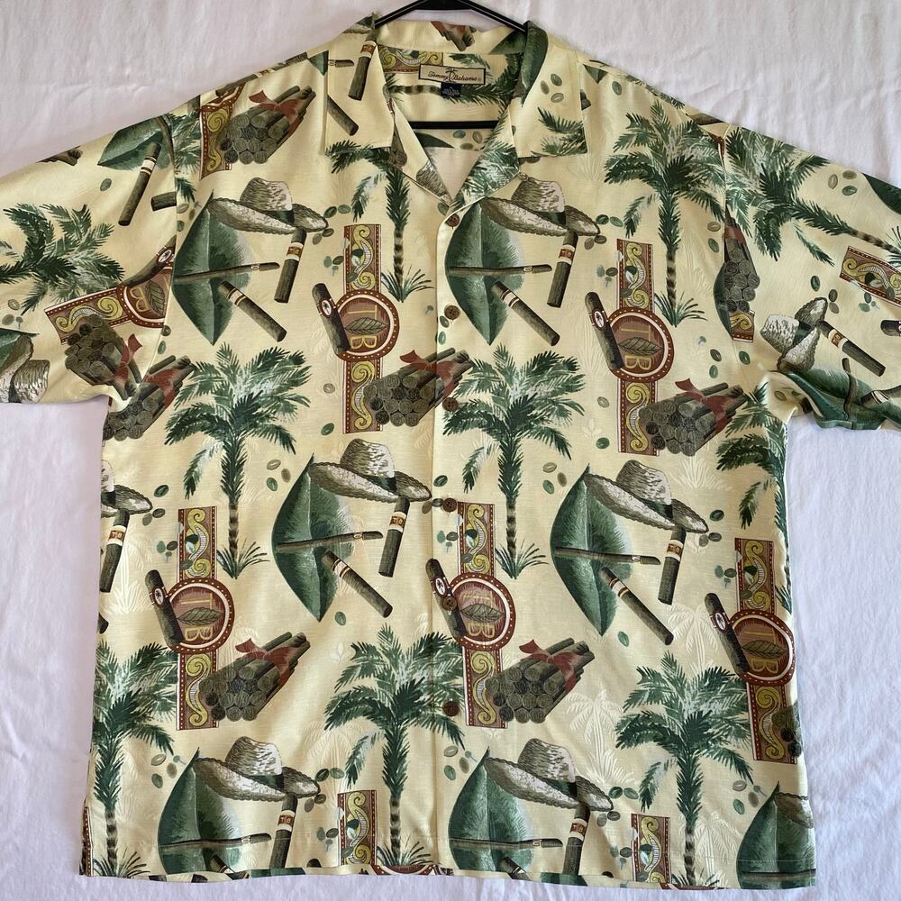 Tommy Bahama 100% Silk Shirt Men's XL Yellow Cigar Graphic Palm Tree Hawaiian